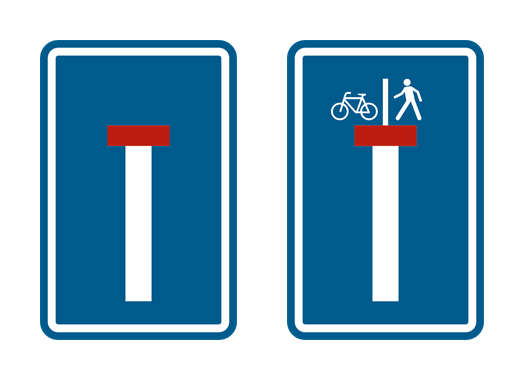 Verkeersbord doodlopende weg en de variant uitgezonderd voor voetgangers en fietsers