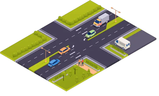 Kruispunt met meerdere auto's en witte pijlen op de rijstroken die de richting aanduiden