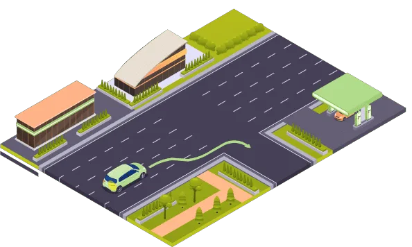 Auto die rechts afslaat, dicht bij de rechterrand, om een zijstraat in te rijden