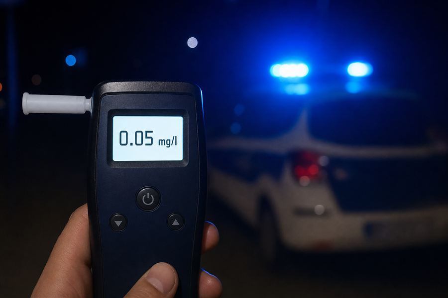Politiecontrole met een ademtest die de alcohol in de uitgeademde lucht meet