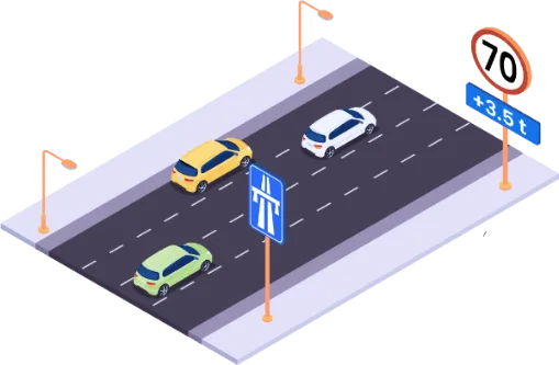 Autosnelweg met een rond bord dat 70 km/u oplegt en een onderbord voor voertuigen zwaarder dan 3,5 ton