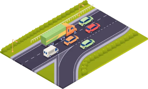 Oprit die aansluit op een autosnelweg waar al een vrachtwagen en meerdere auto's rijden