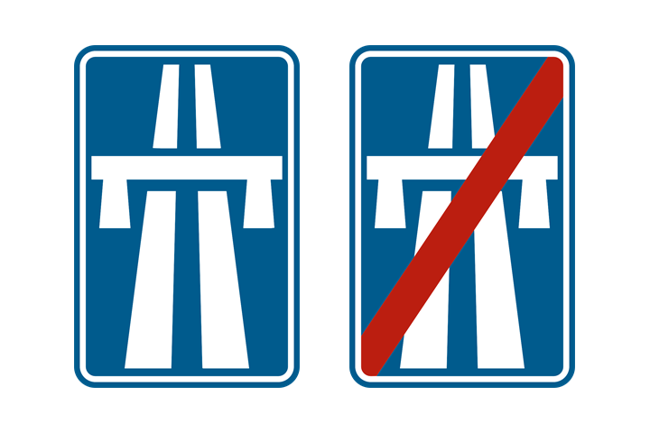 Blauw bord met een brug over twee rijbanen, begin van een autosnelweg, en hetzelfde bord met een rode schuine balk voor het einde