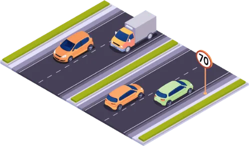 Weg met twee rijstroken per richting, een middenberm, bermen aan de zijkant en een bord dat 70 aanduidt