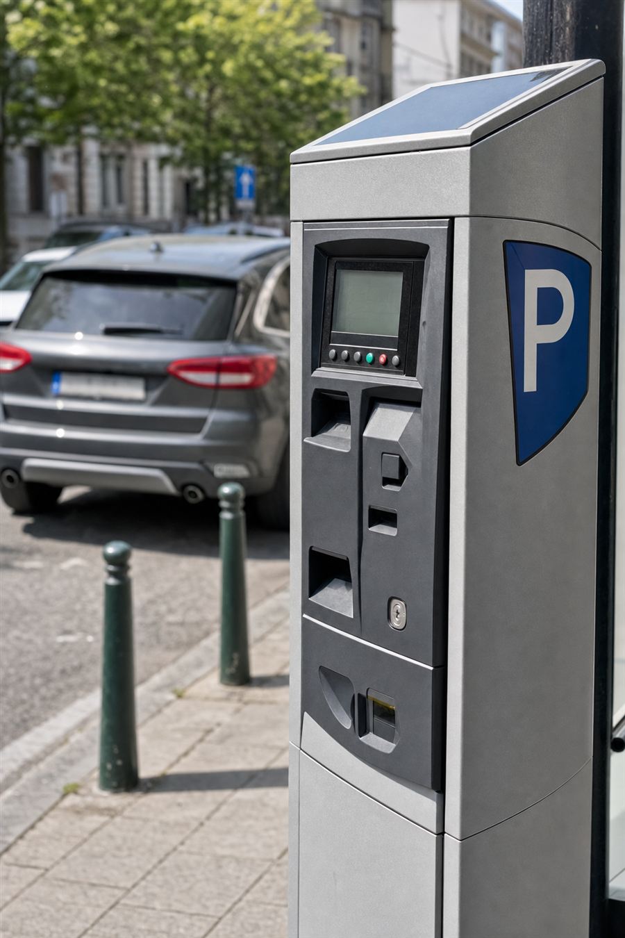 Bestuurder betaalt het parkeren aan een parkeerautomaat naast de auto
