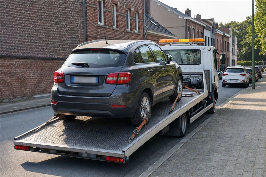 Takelwagen neemt een auto mee op de openbare weg