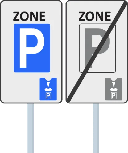 Borden voor het begin en het einde van een zone met beperkte parkeertijd, met de parkeerschijf