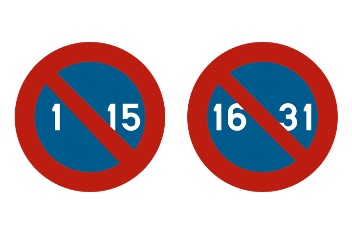 Borden die parkeren verbieden van de 1e tot de 15e en van de 16e tot het einde van de maand