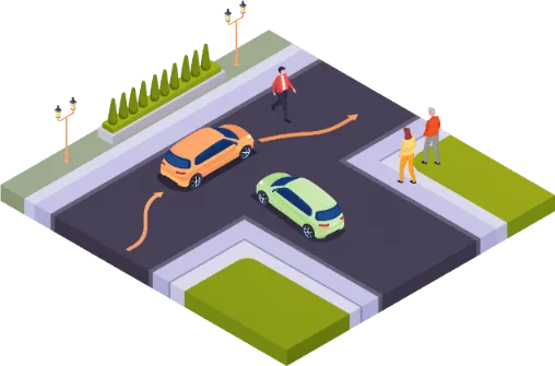 Kruispunt waar de bestuurder de koers van een auto en een voetganger inschat