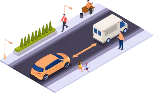 Auto die afstand houdt tot andere auto's, fietsers en voetgangers