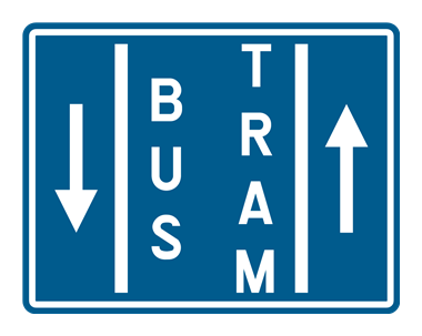 Verkeersbord voor bus en tram dat een bijzondere overrijdbare bedding aanduidt