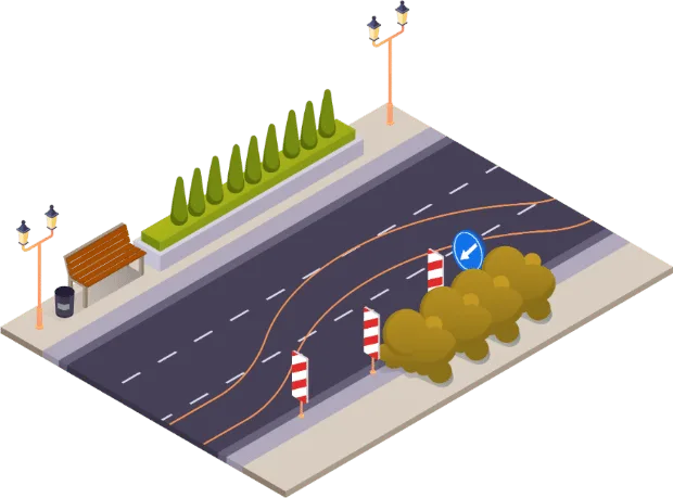 Oranje voorlopige markeringen die het verkeer rond een werf leiden