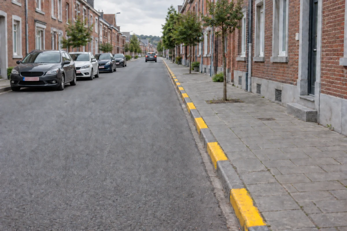 Schema van een gele onderbroken streep op de trottoirband
