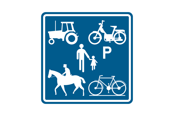 Bord voor het begin van een voorbehouden weg waarop ook landbouwvoertuigen mogen, met het symbool van een tractor