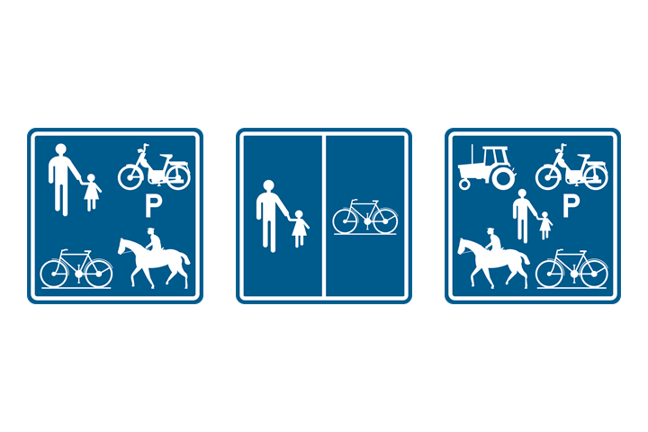 Borden voor het begin van een voorbehouden weg, met de symbolen van de toegelaten weggebruikers