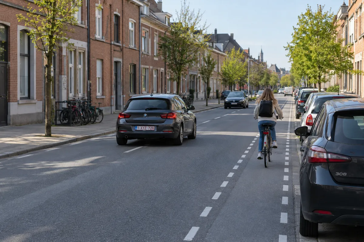 Een fietser rijdt in een strook die met twee evenwijdige onderbroken witte strepen is afgebakend, naast een auto op de rijbaan.