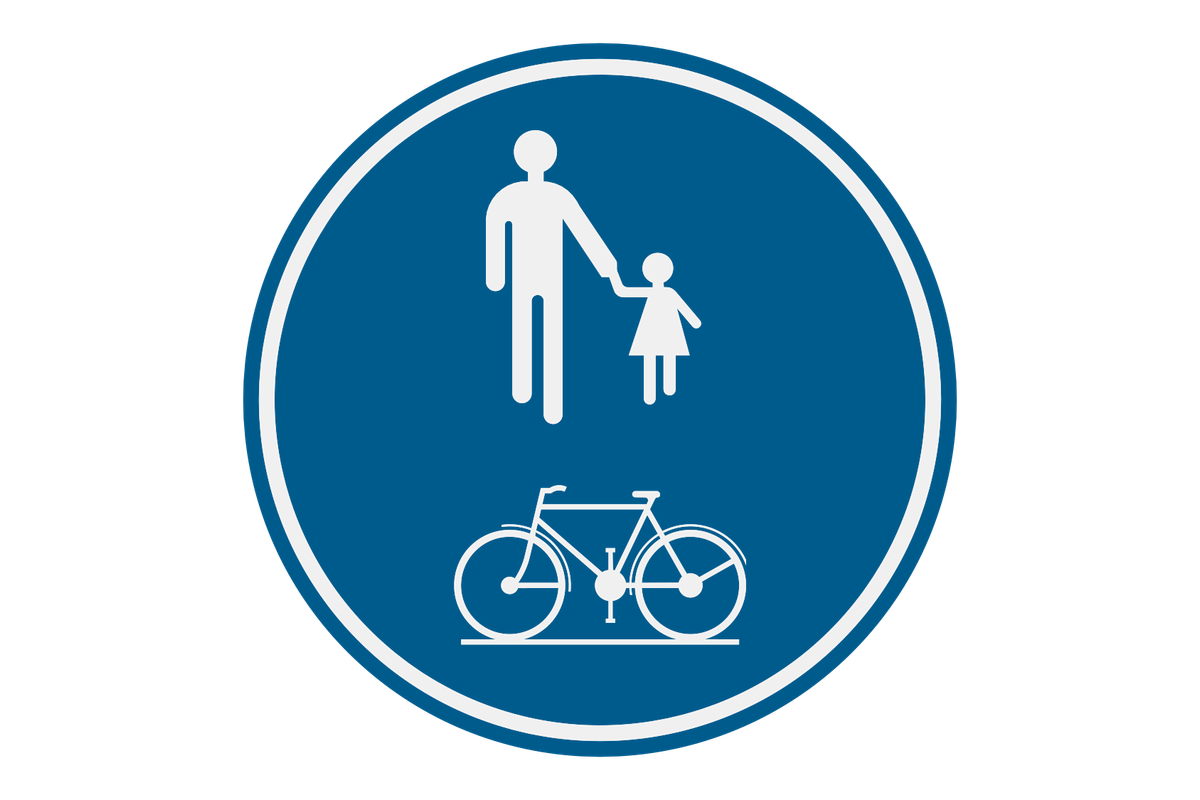 Een rond blauw verkeersbord dat voetgangers en fietsers samen hetzelfde deel van de weg geeft.