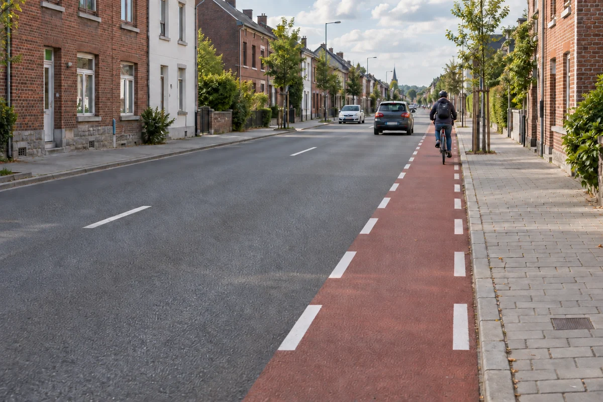 Twee evenwijdige witte onderbroken strepen die een smalle strook langs de rijbaan afbakenen