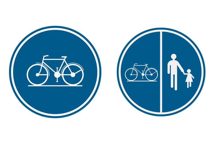 Twee ronde blauwe borden: verplicht fietspad, en het deel waar voetgangers, fietsen en tweewielige bromfietsen klasse A elk hun kant hebben