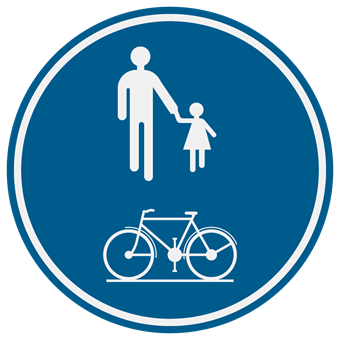Verkeersbord voor voetgangers en fietsers samen op hetzelfde deel, zonder streep tussen de symbolen