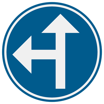 Verkeersbord met meerdere witte pijlen op een rond blauw bord: je kiest één van de aangeduide richtingen