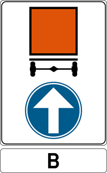Verplichte richting voor voertuigen met gevaarlijke goederen, met een onderbord met een letter