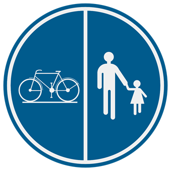 Verkeersbord met gescheiden delen: de voetganger en de fiets staan aan weerszijden van een streep