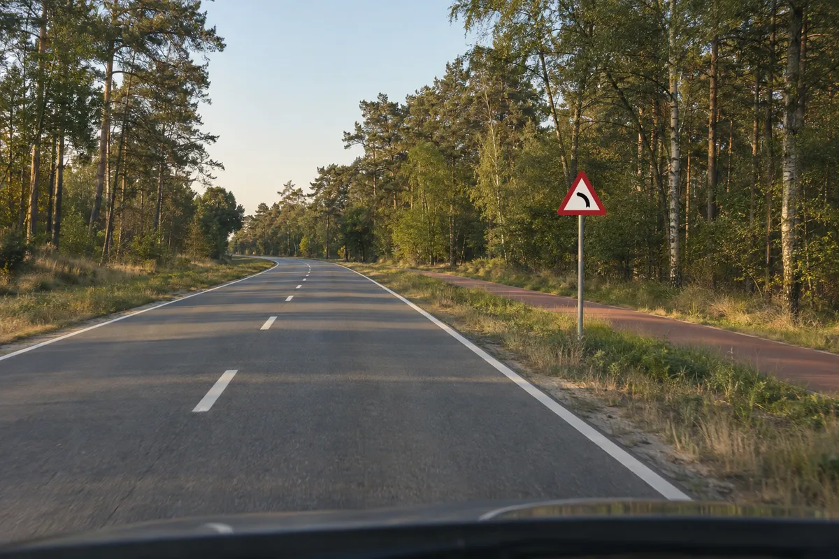 Een gevaarsbord staat langs een Vlaamse landweg, ruim voor een bocht naar links.