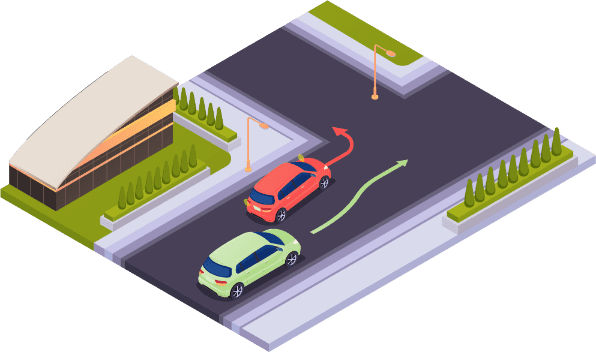Een rode auto slaat links af terwijl een groene auto hem rechts inhaalt