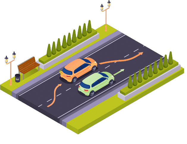 Een auto gaat naar links om een andere auto in te halen die in dezelfde richting rijdt
