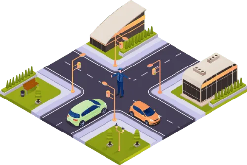 Bevoegd persoon die het verkeer regelt in het midden van een kruispunt met lichten