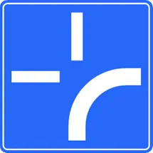 Vierkant onderbord met het schema van een kruispunt: de dikke lijn is de weg met voorrang