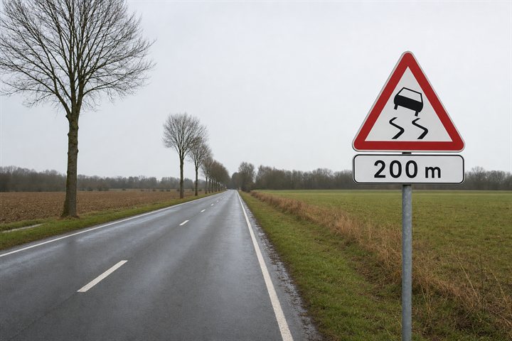 Bord glibberige rijbaan met eronder een onderbord dat de afstand van 200 meter aangeeft, op een echte weg