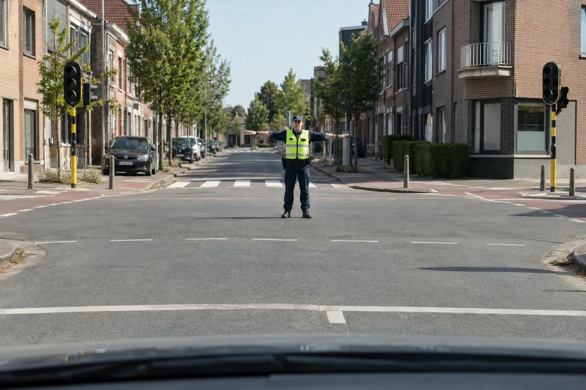 Een agent staat midden op een kruispunt met beide armen horizontaal gestrekt: het bevel om te stoppen.