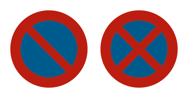 Links het verkeersbord parkeerverbod, rechts het verkeersbord stilstaan en parkeren verboden