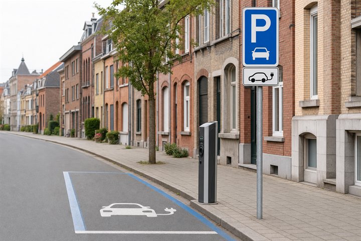 Parkeerplaats voor elektrische voertuigen: parkeerbord met onderbord en laadpaal
