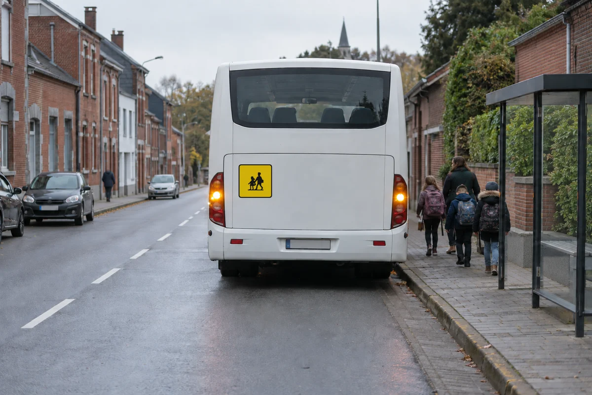 Achterkant van een bus met het gele bord voor schoolvervoer, met kinderen in de buurt