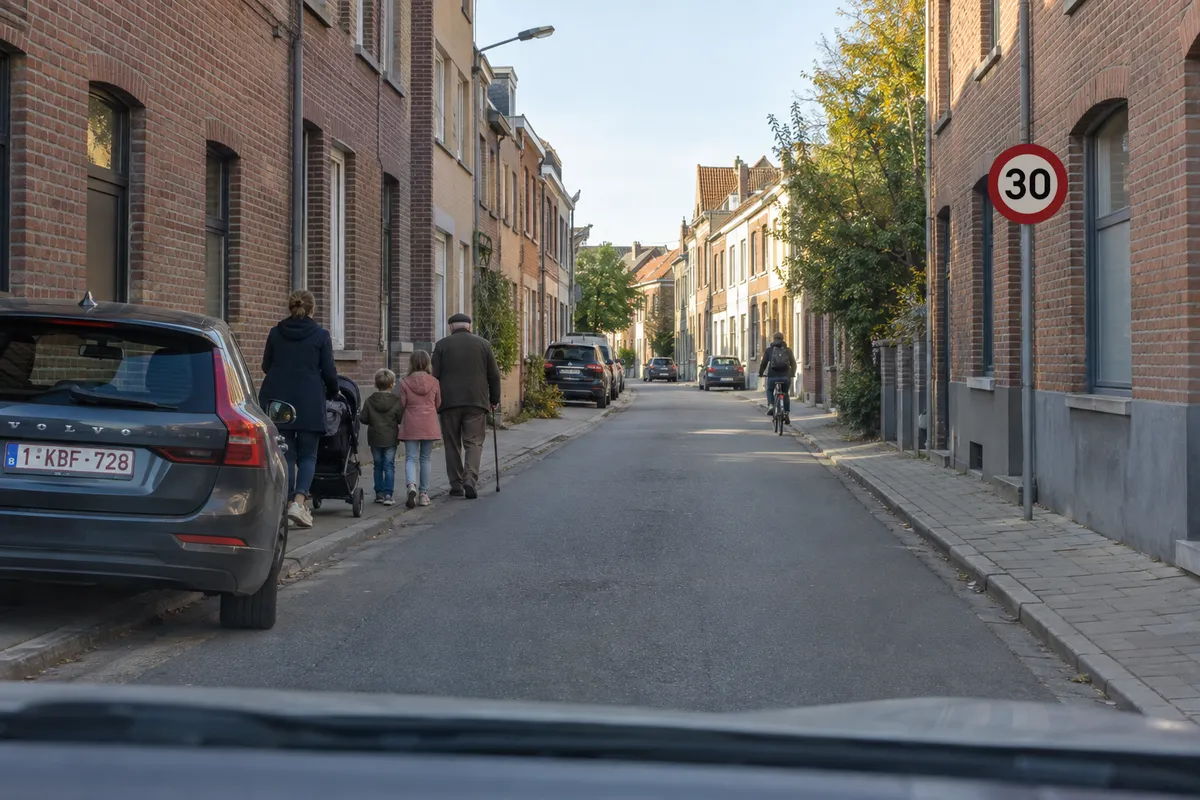Smalle straat in een Vlaamse stad met een rond snelheidsbord 30 en voetgangers vlak naast de rijbaan.
