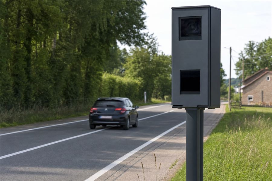 Auto van bovenaf gezien op de rechterrijstrook van een weg