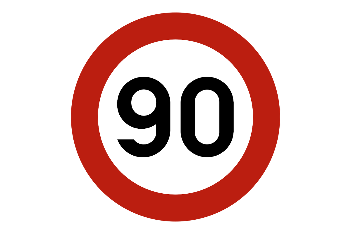 Rond wit bord met rode rand en het getal 90: hier mag je niet sneller dan 90 km/u.