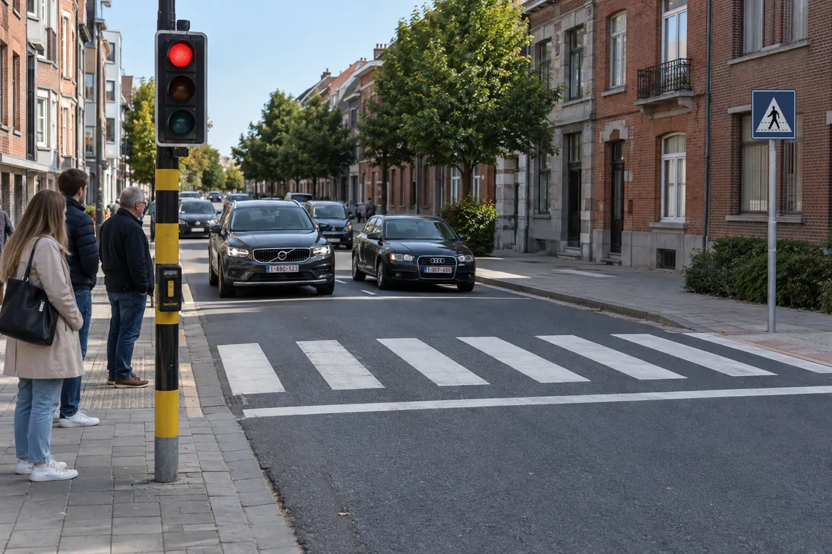 Een oversteekplaats in Aalst met een verkeerslicht, een verkeersbord en wegmarkeringen: de drie soorten verkeerstekens.