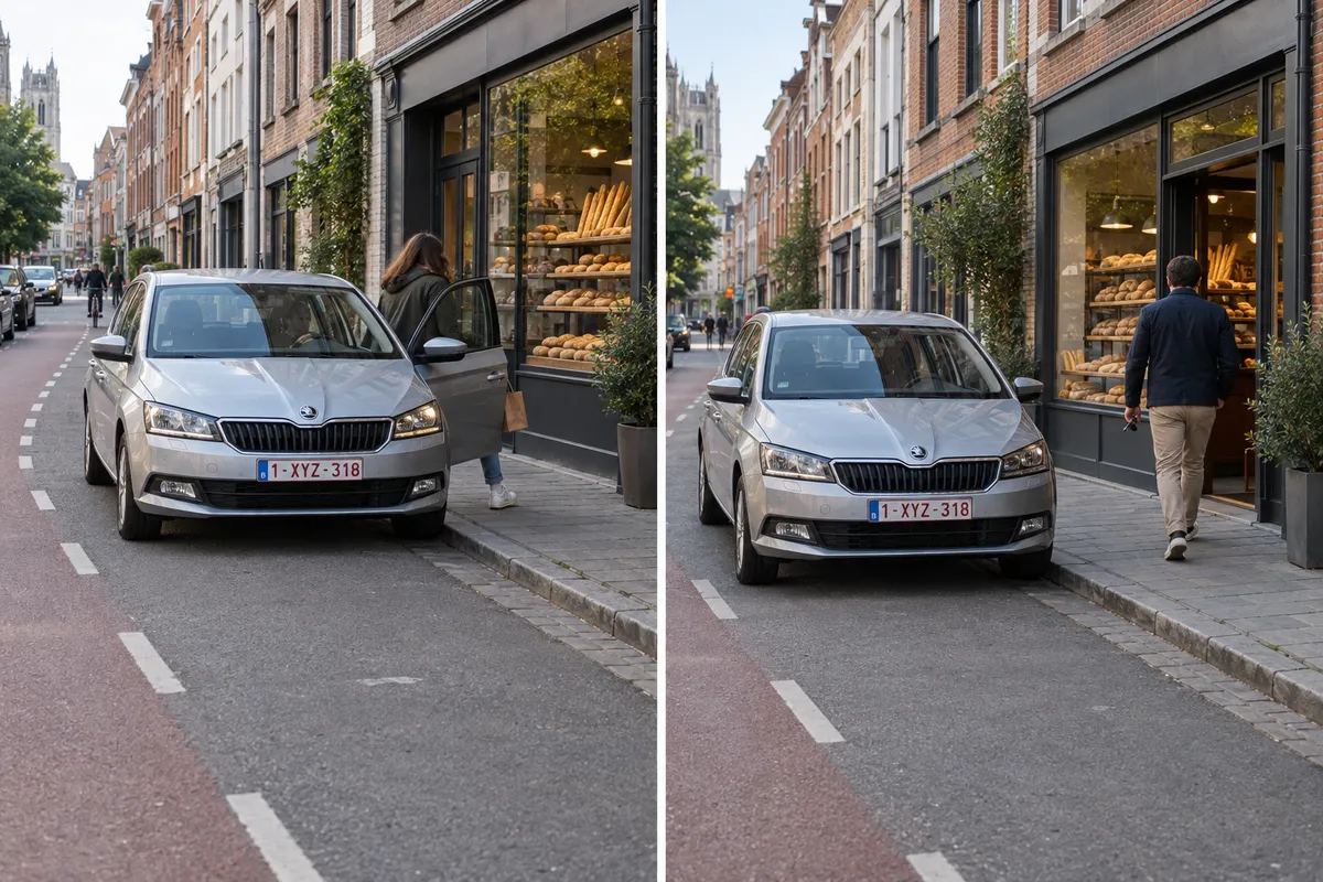 Twee foto's naast elkaar: links stapt een passagier uit een stilstaande auto terwijl de bestuurder blijft zitten, rechts loopt een bestuurder van zijn geparkeerde auto naar de bakker.
