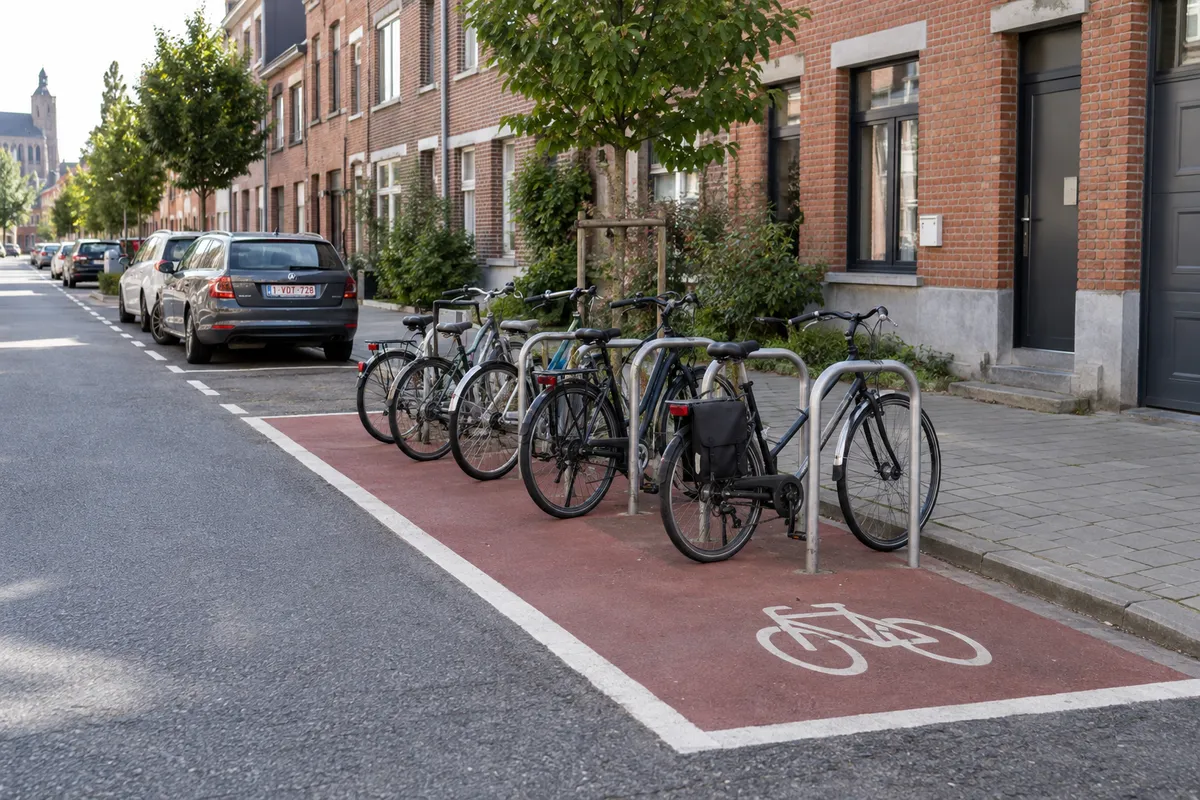 Een plaats voor fietsen langs de straat: een wit fietssymbool op het wegdek, met enkele fietsen in het rek.