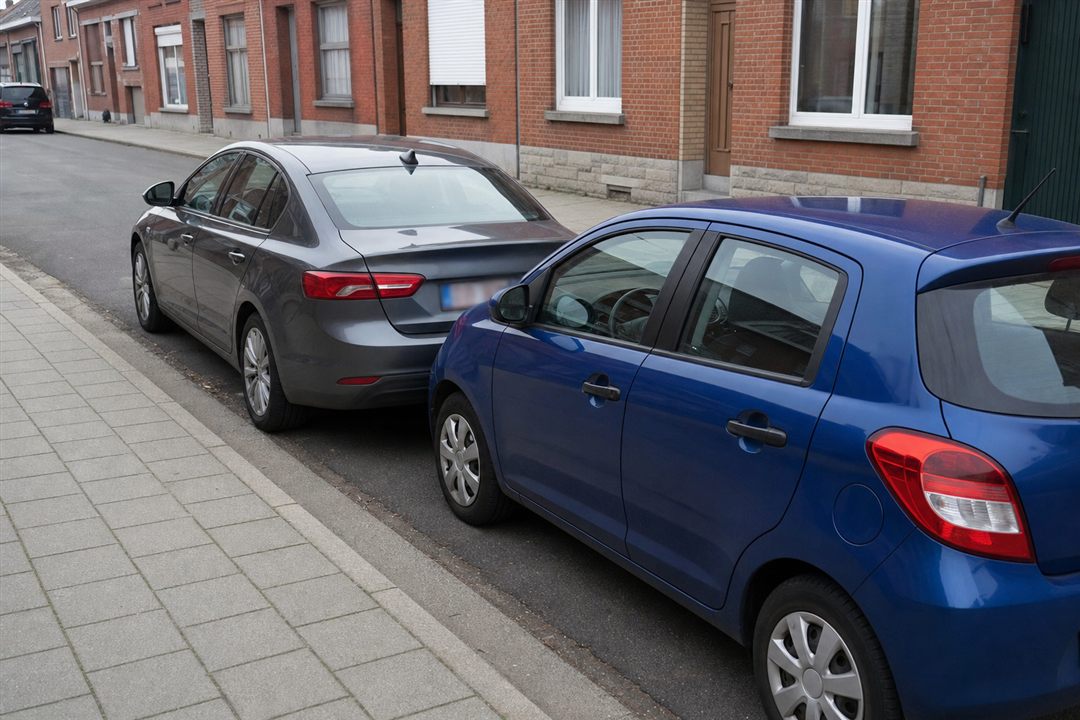 Twee geparkeerde auto's met minder dan een meter tussenruimte