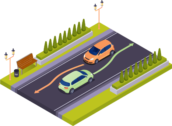 Twee auto's in tegengestelde richting kruisen elkaar rechts op een weg met twee richtingen