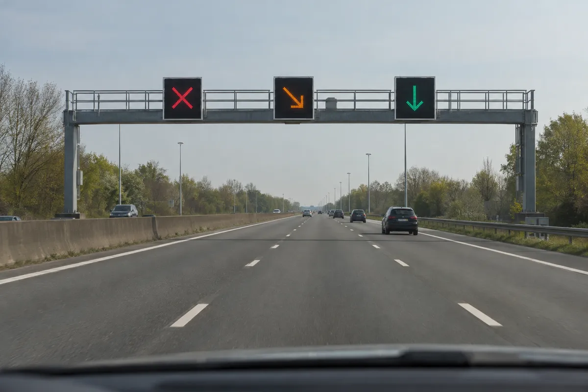 Drie lichten boven de rijstroken van een autosnelweg: een rood kruis, een oranjegele pijl schuin naar beneden en een groene pijl naar beneden.
