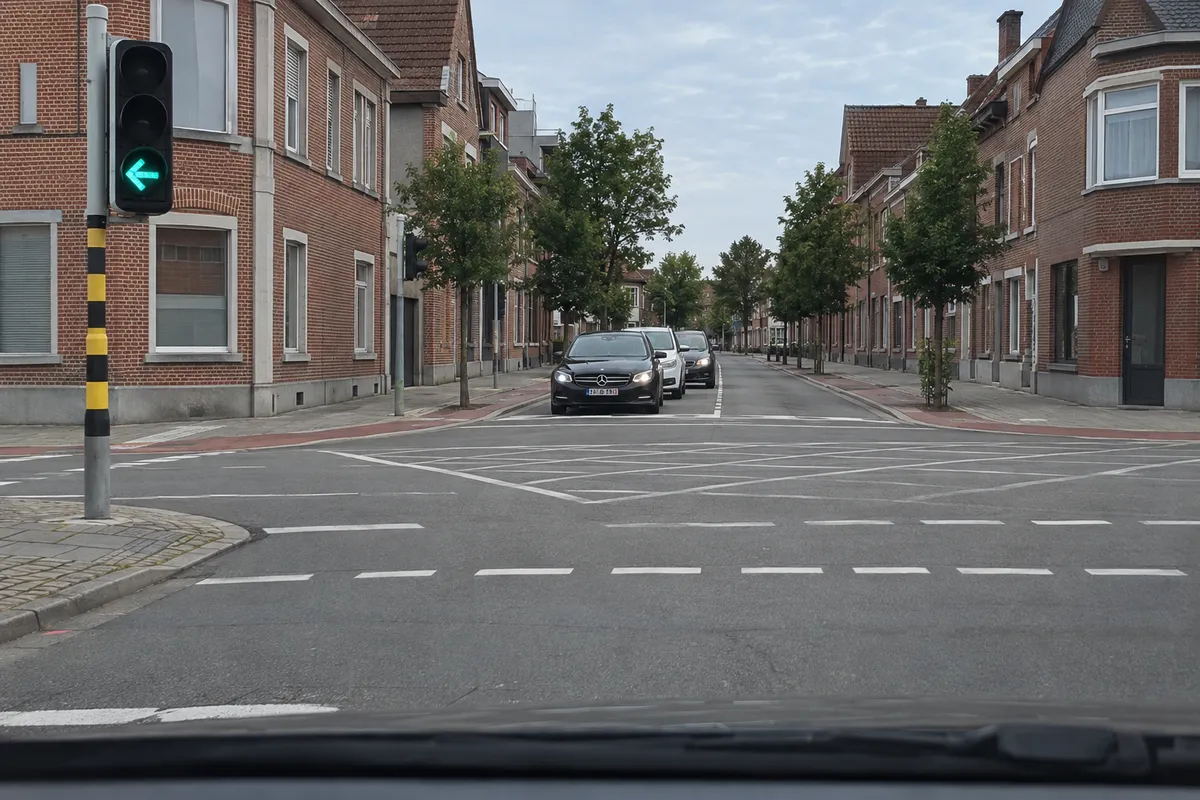 De ontruimingspijl: een aparte groene pijl naar links aan de uitgang van het kruispunt, terwijl het tegenliggende verkeer stilstaat.