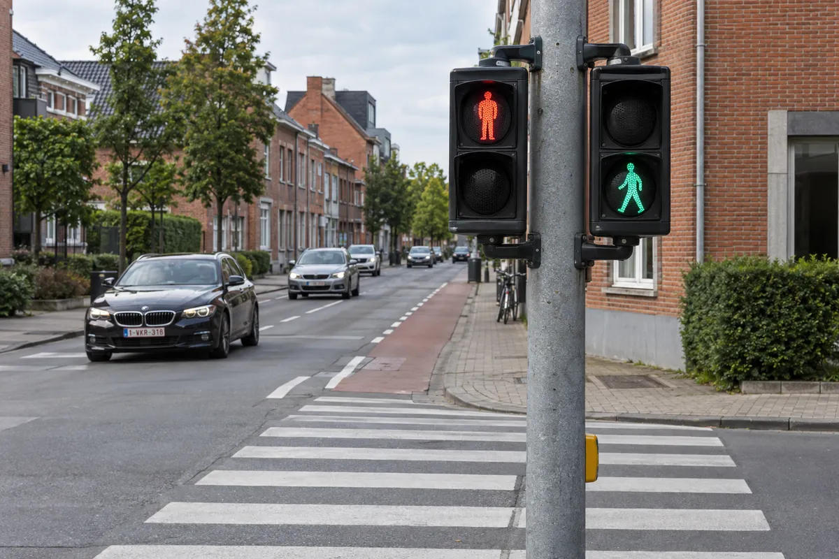 Twee voetgangerslichten bij een oversteekplaats: rood met een stilstaande voetganger en groen met een voetganger in beweging.