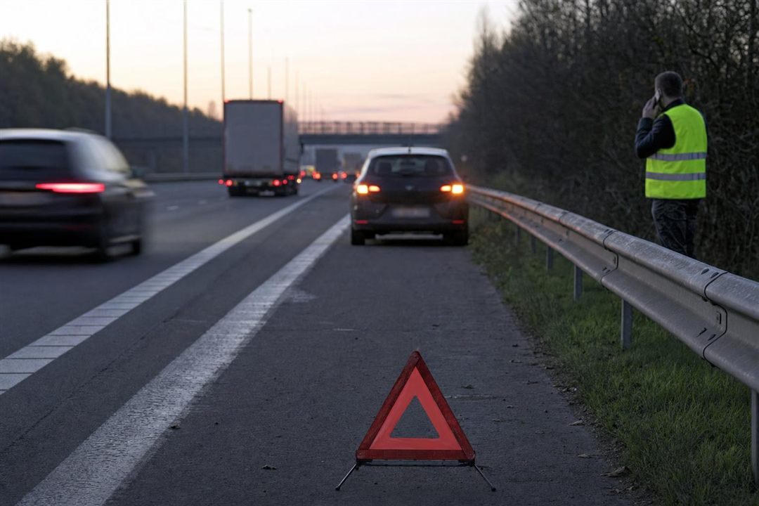 Bestuurder met reflecterend vest bij pech, gevaarsdriehoek op de pechstrook