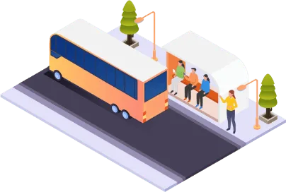 Een bus of tram staat stil aan een halte zonder vluchtheuvel terwijl reizigers in- of uitstappen